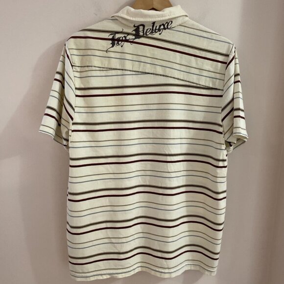 VTG Y2K Fox Polo Shirt Men's Large Beige Cotton Stripe Distressed Pinkerton - Picture 4 of 10